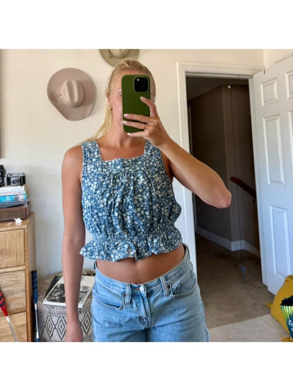 AMERICAN EAGLE FLORAL COTTAGE CORE CROP TOP DENIM WOMENS SMALL